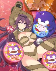 1girl animal_ears animal_hands bear_ears bear_girl bear_paws bebe-tan bikini black_ribbon blush breasts brown_bikini cleavage commentary doll embarrassed english_commentary falling_petals floral_print fur_bikini fur_thighhighs gluteal_fold groin hair_between_eyes hair_ribbon highres large_breasts long_hair looking_at_viewer lying murasaki_(senran_kagura) navel ninto_(senran_kagura) o-ring o-ring_bikini o-ring_top official_alternate_costume official_art on_back on_floor open_mouth petals pinball purple_eyes purple_hair rabbit red_scarf revealing_clothes ribbon scarf senran_kagura senran_kagura_new_link senran_kagura_peach_ball senran_kagura_shinovi_versus shiny_skin solo sparkle stuffed_animal stuffed_toy swimsuit teddy_bear third-party_source underboob very_long_hair yaegashi_nan