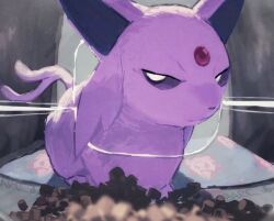 Rule 34 | arc draws, close-up, closed mouth, espeon, forehead jewel, forked tail, gen 2 pokemon, looking at viewer, nintendo, no humans, pet food, pokemon, pokemon (creature), purple eyes, solo, tail, twitter username