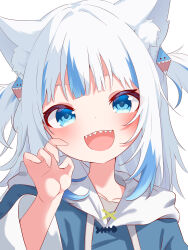 1girl absurdres animal_ear_fluff animal_ears blue_eyes blue_hair blue_hoodie blunt_bangs blush collarbone gawr_gura hair_ornament happy highres hololive hololive_english hood hoodie multicolored_hair open_mouth ryu160303 shark_girl shark_hair_ornament sharp_teeth smile streaked_hair teeth two-tone_hair virtual_youtuber white_hair
