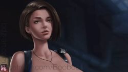 1girl animated animated_gif bare_shoulders blue_shirt blue_shorts boobdollz breast_expansion breasts breasts_focus breasts_out brown_hair capcom collarbone denim denim_shorts female_focus fingerless_gloves gigantic_breasts gloves holster jewelry jill_valentine lactation milk necklace nipples resident_evil shirt short_hair shorts solo topless_female upper_body veins veiny_breasts