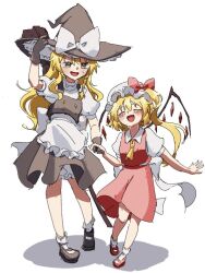 2girls amane_hoshina apron ascot back_bow black_hat black_shoes black_skirt black_vest blonde_hair blush bow braid broom closed_eyes collared_shirt commentary_request crystal crystal_wings flandre_day flandre_scarlet hair_bow hand_on_headwear hat hat_bow holding_hands kirisame_marisa long_hair mary_janes mob_cap multicolored_wings multiple_girls one_side_up open_mouth puffy_short_sleeves puffy_sleeves red_shoes red_skirt red_vest shadow shirt shoes short_sleeves side_braid single_braid skirt skirt_set smile socks sweatdrop touhou very_long_hair vest waist_apron white_apron white_bow white_hat white_shirt white_socks wings witch_hat yellow_ascot yellow_eyes
