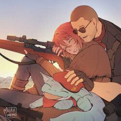 1boy 1girl animal beret binoculars black_jacket blue_eyes blue_sky boots brown_boots brown_gloves brown_hair buzz_cut commentary courier_(fallout:_new_vegas) craig_boone day english_commentary fallout fallout:_new_vegas fingerless_gloves gecko gloves grey_pants gun hair_between_eyes half-closed_eyes hat holding holding_gun holding_weapon jacket knee_up long_sleeves milramemo noelle_(milramemo) outdoors pants red_hat rifle scope short_hair short_sleeves signature sitting sky smile sniper_rifle sunglasses very_short_hair weapon