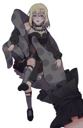 2girls bang_dream! bang_dream!_it&#039;s_mygo!!!!! black_dress black_gloves black_shoes black_shorts blonde_hair blush clothing_cutout commentary doloris_(bang_dream!) dress female_pov gloves grey_socks highres looking_at_viewer medium_hair mini_person minigirl misumi_uika multiple_girls nago_(hasakimati) oblivionis_(bang_dream!) open_mouth pov purple_eyes shoes shorts shoulder_cutout simple_background size_difference socks togawa_sakiko white_background yuri