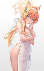 Rule 34 | 1girl, animal ear fluff, animal ears, bilibili username, blue archive, blue eyes, breasts, closed mouth, completely nude, covering breasts, covering privates, flower, gradient background, grey background, gwen orange, hair between eyes, hairband, halo, highres, holding, holding towel, long hair, looking at viewer, mari (blue archive), medium breasts, nude, orange hair, orange halo, pixiv username, ponytail, reddit username, smile, solo, standing, towel, wet, white flower, white hairband