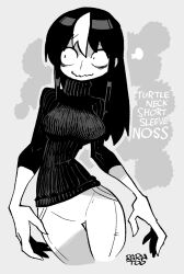 1girl alternate_costume bags_under_eyes black_hair breasts closed_mouth contrapposto denim english_text glasgow_smile greyscale highres jaggy_lines jeans large_breasts long_fingers long_hair looking_at_viewer monochrome multicolored_hair noss_&amp;_zakuro noss_(rariatto) pants rariatto_(ganguri) ribbed_sweater smile solo streaked_hair sweater turtleneck turtleneck_sweater vampire wavy_mouth white_hair
