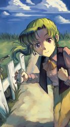 1girl absurdres blue_sky camera clenched_hand closed_mouth cloud cloudy_sky earrings fence grass green_hair hatsuseno_alpha highres holding holding_camera jewelry kornod1 light_smile long_sleeves looking_at_viewer medium_hair motor_vehicle open_clothes open_vest outdoors pants path ponytail purple_eyes road scooter shirt sky solo standing vespa vest yellow_neckwear yellow_pants yokohama_kaidashi_kikou