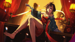 1girl :d absurdres alcohol bare_legs bare_shoulders barefoot black_eyes black_hair blurry blurry_background bowl bracelet breasts cleavage crossed_legs curtains dress facial_mark foot_out_of_frame forehead_mark green_sleeves h53_(tianzaibazhu) hair_branch hand_up highres holding holding_bowl huadian jewelry jiu_niangzi lantern lattice light_particles liquor long_hair long_sleeves looking_at_viewer open_mouth paper_lantern red_dress reverse:1999 sitting smile solo spilling statuette wide_sleeves