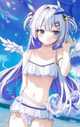 1girl alternate_costume amane_kanata angel_wings arm_behind_back arm_up bikini bikini_skirt blue_eyes blue_hair blurry blurry_background blush closed_mouth cloud colored_inner_hair commentary_request day dot_nose grey_hair hair_ornament hairpin halo highres hololive kaku_(walletbreaker) long_hair multicolored_hair navel ocean skirt sky solo star_halo streaked_hair swimsuit two_side_up virtual_youtuber waist_ribbon white_bikini white_skirt wings