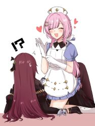 !? 2girls adjusting_clothes adjusting_gloves black_dress black_pantyhose brown_hair commentary dress eden_(honkai_impact) elysia_(honkai_impact) girl_on_top gloves hat heart honkai_(series) honkai_impact_3rd long_hair lying multiple_girls nurse nurse_cap official_alternate_costume on_back pantyhose pink_hair simple_background smile sweatdrop thighs toufu_0626 very_long_hair white_background white_dress white_gloves yuri