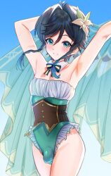 1boy aqua_eyes aqua_hair armpits arms_up black_bow black_bowtie black_hair blush bow bowtie braid bulge don9ri flower genshin_impact gradient_hair green_one-piece_swimsuit hair_flower hair_ornament highres looking_at_viewer male_focus multicolored_hair one-piece_swimsuit smile solo swimsuit teeth trap twin_braids venti_(genshin_impact)