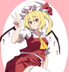 1girl ascot blonde_hair breasts closed_mouth collared_shirt commentary_request crystal crystal_wings flandre_scarlet frilled_shirt_collar frills hat hat_ribbon looking_at_viewer mob_cap multicolored_wings one_side_up pleated_skirt puffy_short_sleeves puffy_sleeves red_eyes red_skirt red_vest ribbon shirt short_sleeves skirt skirt_set smile solo thighhighs touhou to~fuya v vest white_hat white_shirt white_thighhighs wings yellow_ascot