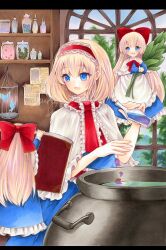 Rule 34 | 1girl, alice margatroid, blonde hair, blue butterfly, blue dress, blue eyes, blush, book, bug, butterfly, cage, capelet, cauldron, commentary, doll, dress, falling petals, frilled hairband, frilled sash, frills, hairband, hashtag-only commentary, herb, highres, holding, holding book, indoors, insect, jar, letterboxed, lolita hairband, open book, open mouth, petals, reading, red hairband, red sash, sash, shanghai doll, shelf, signature, smile, solo, touhou, white capelet, window, yuuki hana (jtnp5334)