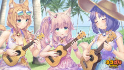 3girls :3 alternate_hairstyle animal_ear_fluff animal_ears arm_strap bell blue_nails blush breasts cat_ears cat_girl cat_tail cinnamon_(nekopara) closed_eyes clothes_writing collar dress food-themed_hair_ornament food_print fraise_(nekopara) fruit_hair_ornament fruit_print game_cg gradient_clothes gradient_dress green_eyes green_nails hair_ornament hair_up hat instrument large_breasts looking_at_another looking_at_viewer maple_(nekopara) medium_breasts multicolored_dress multiple_girls music nail_polish neck_bell nekopara official_art open_mouth orange_hair orange_nails outdoors palm_tree parted_lips pink_hair pink_nails playing_instrument ponytail print_dress purple_hair sayori_(neko_works) shy side_ponytail sky slit_pupils sun_hat sunglasses sunglasses_on_head swimsuit swimsuit_under_clothes tail tree ukulele water watermark wavy_hair yellow_nails
