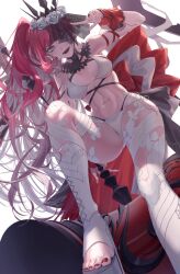 1girl baobhan_sith_(fate) baobhan_sith_(swimsuit_pretender)_(fate) baobhan_sith_(swimsuit_pretender)_(third_ascension)_(fate) bikini breasts detached_collar fate/grand_order fate_(series) flower from_below grey_eyes hair_flower hair_ornament hand_up highres ina_(rimuna_1228) long_hair looking_at_viewer nail_polish navel open_mouth pink_hair red_nails side_ponytail smile solo swimsuit tiara toenail_polish toenails veil white_bikini white_flower