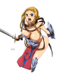 00s 1girl armor bad_id bad_pixiv_id blonde_hair blue_eyes braid breasts buckle cleavage exiled_warrior_leina female_focus highres large_breasts leina_(queen&#039;s_blade) maaru queen&#039;s_blade revealing_clothes solo sword twin_braids twintails weapon