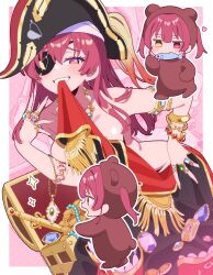 1girl animal_costume bare_shoulders bear_costume bicorne black_hat breasts chibi eyepatch hat heterochromia highres hololive houshou_kumarine houshou_marine large_breasts long_hair mouth_hold pirate_hat red_eyes red_hair soh_himitsuki treasure_chest twintails virtual_youtuber yellow_eyes