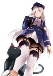 1girl 86_-eightysix- animal belt beret black_cat black_panties blue_eyes blue_headwear blue_jacket boots breasts cat clipboard commentary cropped_jacket dutch_angle english_commentary from_below garter_straps hair_between_eyes hat high-waist_skirt highres holding holding_clipboard jacket long_hair long_sleeves looking_at_animal looking_at_another looking_down medium_breasts military military_uniform open_mouth panties pantyshot parted_lips shirt_tucked_in signature simple_background skindentation skirt thigh_strap thighhighs thighs tp_(86_-eighty-six-) twitter_username underwear very_long_hair vladilena_millize white_background white_hair white_thighhighs zasshu