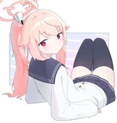 1girl absurdres ahoge arm_support black_sailor_collar black_skirt black_thighhighs blue_archive blush bright_pupils buttons cardigan chinese_commentary closed_mouth commentary from_behind full_body hair_intakes halo head_tilt highres knees_up lcz long_hair looking_at_viewer looking_back lying miniskirt natsu_(blue_archive) on_back pink_hair pink_halo pleated_skirt red_eyes sailor_collar school_uniform serafuku side_ponytail sidelocks simple_background skirt solo thigh_gap thighhighs thighs tsurime white_background white_cardigan white_pupils zettai_ryouiki