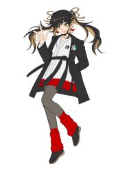 1girl black_hair blonde_hair bow earrings female_focus full_body hair_bow hand_up holy_jumonji_sword humanization japanese_clothes jewelry looking_at_viewer multicolored_hair simple_background solo solo_focus the_hundred_line_-last_defense_academy- twintails white_background yellow_eyes