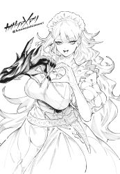 Rule 34 | 1girl, breasts, diabellze the original sinkeeper, dress, duel monster, heart, heart hands, highres, kasanashiameari, large breasts, long hair, maid, maid headdress, monochrome, simple background, solo, white background, yu-gi-oh!