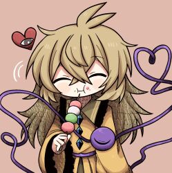 1girl :i ahoge arm_at_side blonde_hair blush brown_background buttons closed_eyes closed_mouth crossed_bangs dango diamond_button double-parted_bangs dress eating facing_viewer food food_on_face frilled_shirt_collar frilled_sleeves frills hair_between_eyes hand_up heart heart_of_string highres holding holding_food komeiji_koishi long_hair long_sleeves motion_lines no_headwear sanshoku_dango simple_background smile solo touhou wagashi wide_sleeves yellow_dress zunusama
