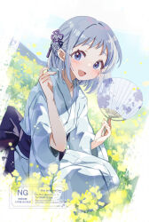 Rule 34 | 1girl, :d, blue eyes, blue kimono, blurry, blurry background, blush, commentary, flower, flower knot, gakuen idolmaster, grass, grey hair, hair ornament, hand fan, holding, holding fan, idolmaster, japanese clothes, katsuragi lilja, kimono, looking at viewer, mao xiaozha (rumiechen), obi, open mouth, outdoors, paper fan, sash, short hair, sidelocks, smile, solo, squatting, uchiwa, watermark, yukata