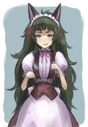 Rule 34 | alternate costume, animal ears, apron, belt around waist, belt buckle, blush, buckle, cat ears, dress, embarrassed, enmaided, fake animal ears, frilled dress, frilled hairband, frills, green eyes, green hair, hairband, highres, hiyajou maho, long hair, maid, maid apron, maid headdress, mayqueen maid uniform, menomorute, messy hair, nervous, nervous sweating, open mouth, paw pose, puffy short sleeves, puffy sleeves, ribbon-trimmed collar, ribbon-trimmed corset, ribbon-trimmed hairband, ribbon-trimmed sleeves, ribbon trim, short sleeves, steins;gate, steins;gate 0, sweat, sweatdrop, very long hair, white apron, wrist cuffs