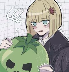 1girl blonde_hair blue_eyes blush bob_cut crying crying_with_eyes_open eyelashes female_focus highres holding holding_mask looking_at_viewer mask oosuzuki_kurara open_mouth simple_background solo solo_focus tears the_hundred_line_-last_defense_academy- tomato unworn_mask upper_body white_background