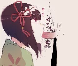 1boy 1girl aoguro_midori black_hair bob_cut brown_background erika_(pokemon) fellatio green_kimono hair_ornament heart hetero japanese_clothes kimono nintendo oral penis pokemon pokemon_lgpe purple_eyes short_hair simple_background solo_focus