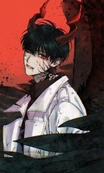 1boy absurdres black_hair black_wings coat collared_shirt gyo_(gyoza143gyoza) highres horns kim_dokja long_sleeves looking_at_viewer male_focus omniscient_reader&#039;s_viewpoint red_background red_eyes red_horns shirt short_hair solo teeth white_coat wings