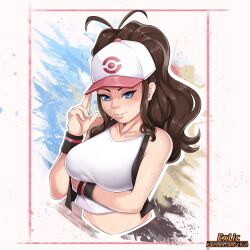 1girl adjusting_clothes adjusting_headwear arm_under_breasts artist_name bare_shoulders baseball_cap black_vest blue_background blue_eyes breasts brown_hair collarbone commentary crop_top cropped_torso english_commentary exlic hat hilda_(pokemon) large_breasts long_hair looking_at_viewer midriff nintendo open_clothes open_vest outline patreon_username pokemon pokemon_bw ponytail seductive_smile sidelocks smile solo tank_top vest white_background white_hat white_outline white_tank_top wristband yellow_background