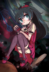 1girl :c antenna_hair aqua_eyes bat_wings black_hair bloomers blue_eyes blush dress female_focus fingerless_gloves ganaha_hibiki gloves head_tilt idolmaster idolmaster_(classic) long_hair looking_at_viewer my_dear_vampire nightmare_blood own_hands_clasped own_hands_together ponytail riyo_(lyomsnpmp) slit_pupils solo spider_web_print thighhighs underwear wings