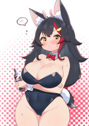 1girl :&lt; absurdres alternate_costume animal_ear_fluff animal_ears black_hair blush bottle bow bowtie breasts brown_eyes bunny_day cleavage commentary_request covered_navel cowboy_shot crossed_arms detached_collar fake_animal_ears fake_tail gluteal_fold hair_ornament highres holding holding_bottle hololive kani_bonara large_breasts leotard long_hair looking_at_viewer multicolored_hair ookami_mio playboy_bunny polka_dot polka_dot_background polka_dot_bowtie rabbit_ears rabbit_tail red_bow red_bowtie red_eyes skindentation solo spoken_blush streaked_hair tail thigh_gap virtual_youtuber wolf_ears wolf_girl wrist_cuffs