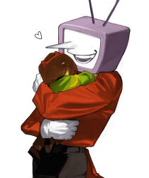 Rule 34 | 1boy, 1other, aged down, ant tenna, brown hair, carrying, carrying person, covered face, cowboy shot, dawnhi11, deltarune, gloves, hairband, heart, highres, horn hairband, hug, jacket, kris (deltarune), long nose, no eyes, object head, open mouth, pointy nose, red hairband, red jacket, short hair, simple background, smile, television, white background, white gloves