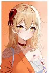 1girl absurdres abysssian alternate_hairstyle arm_tattoo bandages blonde_hair blush border breasts chest_sarashi chest_tattoo choker collarbone genshin_impact hair_down hair_intakes hair_ornament highres japanese_clothes kimono long_hair looking_at_viewer medium_breasts orange_background orange_kimono outside_border red_choker sarashi single_bare_shoulder solo tattoo upper_body white_border yellow_eyes yoimiya_(genshin_impact)