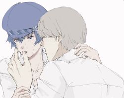 1boy 1girl blue_eyes blue_hair grey_hair hand_on_another&#039;s_face hat narukami_yu persona persona_4 shirogane_naoto shirt short_hair simple_background sketch spiked_hair usa_(kawaii_152cm) white_shirt
