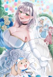 4girls balloon black_choker blush bouquet breasts bridal_veil bride choker cleavage dress elbow_gloves flower gloves green_eyes grey_hair hamster highres hitsuk00 hololive hololive_fantasy houshou_marine huge_breasts long_hair looking_at_viewer multiple_girls off_shoulder open_mouth pointy_ears shiranui_flare shirogane_noel short_hair smile tears tiara usada_pekora veil virtual_youtuber wedding_dress white_gloves