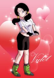 Rule 34 | 1girl, absurdres, bike shorts, black hair, blue eyes, character name, closed mouth, dragon ball, dragonball z, fingerless gloves, full body, gloves, heart, heart background, highres, karoine, long hair, looking at viewer, navel, shirt, solo, sparkle, twintails, videl, white shirt