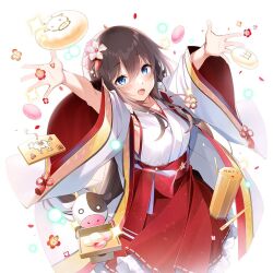 1girl armpits black_hair blue_eyes breasts detached_sleeves ema emma_beauty flower hair_flower hair_ornament japanese_clothes medium_breasts miko nekomu uchi_no_hime-sama_ga_ichiban_kawaii wide_sleeves