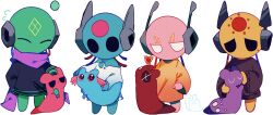 Rule 34 | 1girl, 1other, 2boys, androgynous, artificer (rain world), axolotl ears, barefoot, black cloak, black eyes, blue fur, blue skin, brown cloak, burn scar, cable, circle facial mark, cloak, closed eyes, colored skin, creature, facial mark, five pebbles, flying sweatdrops, forehead mark, full body, ghost, green skin, green stripes, highres, holding, holding creature, holding polearm, holding weapon, hug, humanoid robot, hunter (rain world), iterator (rain world), kuame 03, looking at creature, looking up, looks to the moon, monster, multiple boys, neuron fly (rain world), no significant harassment, o o, orange cloak, pearl (rain world), pink eyes, pink fur, pink skin, polearm, purple scarf, rain world, red fur, rivulet (rain world), robot, robot ears, scar, scar across eye, scar on chest, scar on face, scarf, seven red suns, slugcat, slugpup, sofanthiel, sparkling eyes, spearmaster (rain world), striped clothes, sweatdrop, torn cloak, torn clothes, weapon, white background, white cloak, white eyes, worried, x, x facial mark, yellow skin