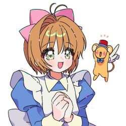 1girl :d apron artist_name blue_dress blush bow brown_hair cardcaptor_sakura collared_dress contrast_collar creature dot_nose dress green_eyes hair_bow highres juliet_sleeves kero_(cardcaptor_sakura) kinomoto_sakura long_sleeves maid notice_lines open_mouth own_hands_clasped own_hands_together pink_bow puffy_sleeves short_hair simple_background smile solo upper_body white_apron white_background yalmyu