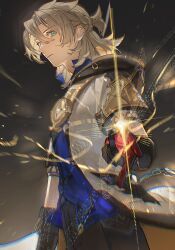1boy absurdres aji_11300913 albedo_(genshin_impact) aqua_eyes black_background black_gloves black_pants blonde_hair blue_shirt chain closed_mouth commentary cowboy_shot english_commentary genshin_impact gloves hair_between_eyes hashtag-only_commentary highres jacket light_particles looking_at_viewer male_focus medium_hair pants shirt solo sparkle white_jacket