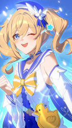 1girl barbara_(genshin_impact) barbara_(summertime_sparkle)_(genshin_impact) blonde_hair blue_eyes blue_sailor_collar collarbone detached_sleeves flower genshin_impact hair_flower hair_ornament highres long_hair one_eye_closed open_mouth sailor_collar smile so_zei_tama_tama solo teeth twintails upper_teeth_only white_sleeves