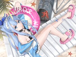 1girl absurdres anchor_(innocent_maid)_(nikke) anchor_(nikke) bag bandaid bandaid_on_foot beach beach_chair bikini blue_bow blue_eyes blue_hair blue_jacket bow breasts choker closed_mouth eomung feet frilled_bikini frills from_above goddess_of_victory:_nikke hair_bow hair_intakes hair_ornament hair_ribbon highres holding holding_swim_ring innertube jacket long_hair long_sidelocks looking_at_viewer maid maid_bikini maid_headdress nail_polish off_shoulder open_clothes open_jacket palm_leaf pink_sandals ponytail ribbon sandals sidelocks sitting small_breasts solo starfish swim_ring swimsuit toenail_polish toenails toes unconventional_maid zipper