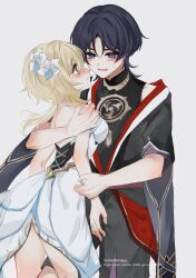 1boy 1girl absurdres backless_dress backless_outfit bare_shoulders black_bodysuit black_corset black_hair black_kimono black_shorts black_sleeves blonde_hair blue_flower blue_trim blush bodysuit bright_pupils closed_mouth corset couple cross-laced_clothes cross-laced_corset crotch_grab dress eyelashes eyeliner eyeshadow face-to-face flower front_slit furisode genshin_impact gold gold_trim hair_flower hair_intakes hair_ornament han&#039;eri hand_on_own_arm height_difference hetero highres japanese_clothes jewelry kimono layered_kimono layered_shorts layered_sleeves looking_at_another lumine_(genshin_impact) makeup mandarin_collar migigi mitsudomoe_(shape) multicolored_flower neck_ring open_clothes open_kimono open_mouth purple_eyes purple_sash purple_shorts purple_sleeves red_eyeliner red_eyeshadow red_kimono red_sash sash scaramouche_(genshin_impact) short_hair short_hair_with_long_locks short_sleeves shorts shoulder_grab shoulder_peek sidelocks skirt sweat tomoe_(symbol) twitter_username watermark white_background white_dress white_flower white_kimono white_pupils white_skirt white_trim wide-eyed yellow_eyes