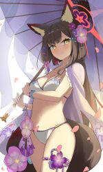 1girl absurdres animal_ears bikini black_hair blue_archive blue_flower blush bow breasts cleavage floral_print flower fox_ears fox_girl fox_tail hair_between_eyes hair_bow hair_flower hair_ornament hand_on_own_chest highres holding holding_umbrella large_breasts long_hair looking_at_viewer ocean open_mouth purple_bow purple_flower purple_umbrella shirt shirt_on_shoulders sidelocks swimsuit tail tail_flower tail_ornament umbrella vam wakamo_(blue_archive) wakamo_(swimsuit)_(blue_archive) white_bikini white_shirt yellow_eyes