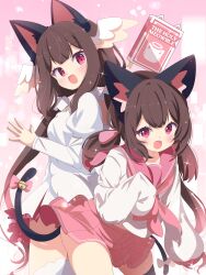 Rule 34 | 2girls, absurdres, animal ears, bell, black thighhighs, book, brown hair, cat ears, cat girl, cat tail, head wings, highres, jingle bell, leaning forward, long hair, miniskirt, multiple girls, open mouth, original, own hands together, pink skirt, red eyes, ribbon, sailor collar, school uniform, serafuku, shiro9jira, shirt, siblings, sisters, skirt, sleeves past wrists, smile, sparkle, tail, tail bell, tail ornament, tail ribbon, thighhighs, thighs, twintails, white shirt, white skirt, wind, wind lift, wings