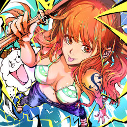 Rule 34 | 1girl, absurdres, bare shoulders, bikini, blue pants, breasts, denim, green bikini, highres, holding, holding staff, illustica phantom, large breasts, long hair, looking at viewer, nami (one piece), one piece, orange eyes, orange hair, pants, shoulder tattoo, solo focus, staff, swimsuit, tattoo, tongue, tongue out, zeus (one piece)