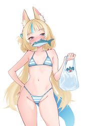 1girl absurdres animal_ears bag bikini blue_bikini blue_eyes blue_streaks breasts commentary daria_(user_hktv8452) english_commentary fish_in_mouth gluteal_fold highres indie_virtual_youtuber long_hair looking_at_viewer navel plastic_bag sameko_saba simple_background small_breasts solo striped_bikini striped_clothes swimsuit virtual_youtuber white_background