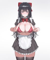 1girl absurdres apron bikini bikini_top_only black_dress black_hair black_thighhighs blue_eyes blush bow bowtie braid breasts closed_mouth collared_dress double_v dress frilled_apron frilled_dress frills hair_bow hair_ornament hands_up heart heart_hair_ornament highres korean_commentary large_breasts long_hair looking_at_viewer maid maid_apron nail_polish name_tag red_bow red_bowtie red_nails sangobob shirayuki_hina short_sleeves single_braid solo standing stellive straight-on sweatdrop swimsuit thighhighs thighs v very_long_hair virtual_youtuber white_apron